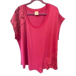 Bedford Fair Women's Magenta Top size 2X Cap Sleeve lace accents scoop neck